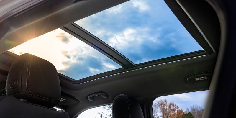 Panoramic sunroof of a car, showing the sky and clouds above